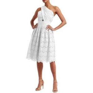 French Connection Appelona White Embroidered Scalloped One Shoulder Midi Dress